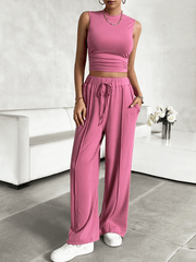 casual round neck sleeveless top and trousers two-piece set