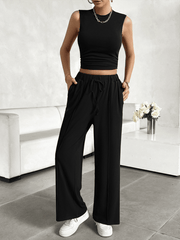 casual round neck sleeveless top and trousers two-piece set