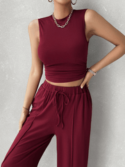 casual round neck sleeveless top and trousers two-piece set