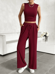 casual round neck sleeveless top and trousers two-piece set