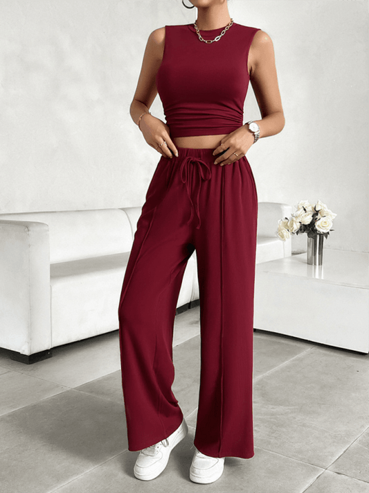 casual round neck sleeveless top and trousers two-piece set