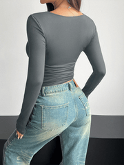 square neck long sleeve pullover tight casual top