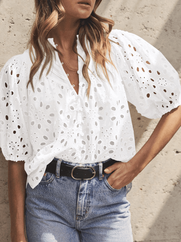 Style Puff Sleeve Embroidered Shirt - 808Lush