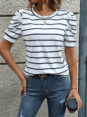 Fashionable Puff Sleeve Striped T-Shirt