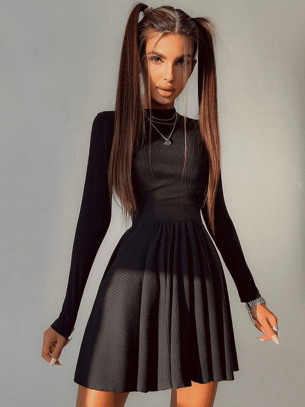 Hot Girl Round Neck Hollow Back A-Line Skirt Long Sleeve Dress - 808Lush