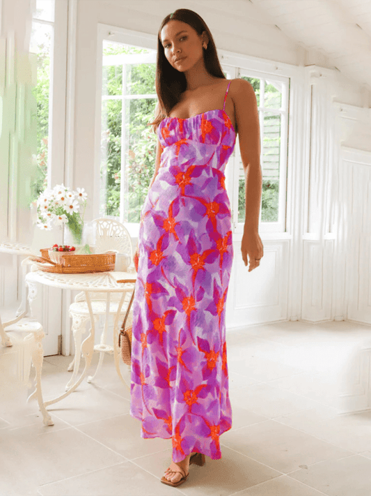 Fresh and sweet summer floral print backless dress - 808Lush