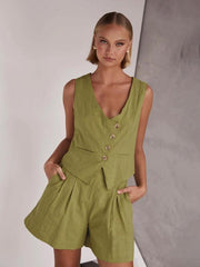 Casual and fashionable single-breasted vest V-neck shorts suit - 808Lush