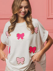 short-sleeved bow sequin embroidered top