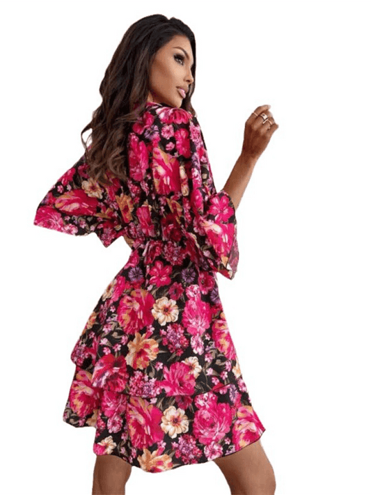 Women's Casual Floral Deep V Waist Mid-Sleeve Dress - 808Lush