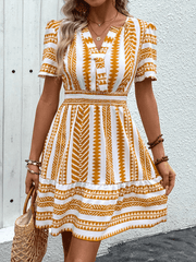 Women's V Neck Bohemian V Neck Short Sleeve Printed Dress - 808Lush