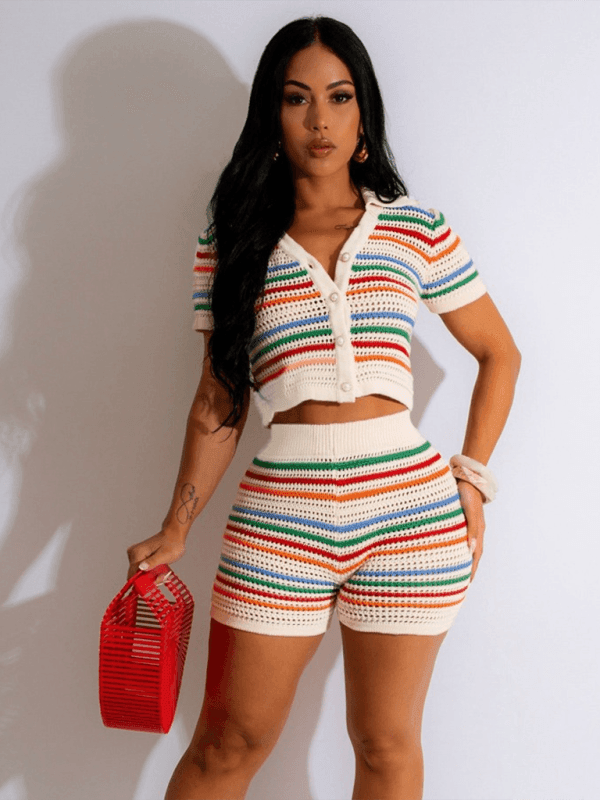 sexy knitted contrasting color short-sleeved shorts casual two-piece set - 808Lush