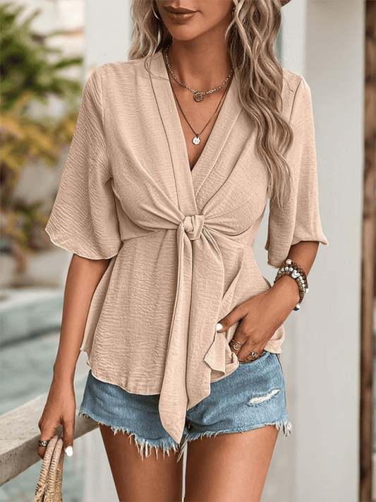 wrapped V-neck solid color shirt - 808Lush