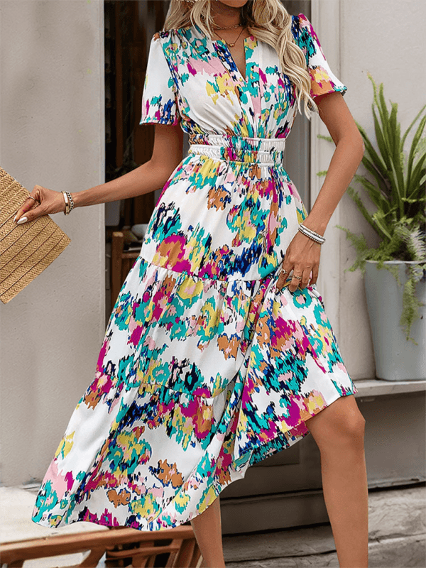 Women's mid-length short-sleeved V-neck printed dress - 808Lush