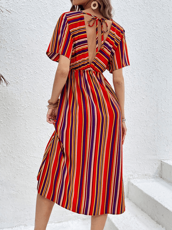 Women's Colorful Striped Casual V-Neck Dress - 808Lush