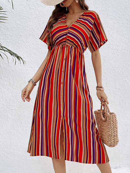 Women's Colorful Striped Casual V-Neck Dress - 808Lush