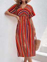 Women's Colorful Striped Casual V-Neck Dress - 808Lush