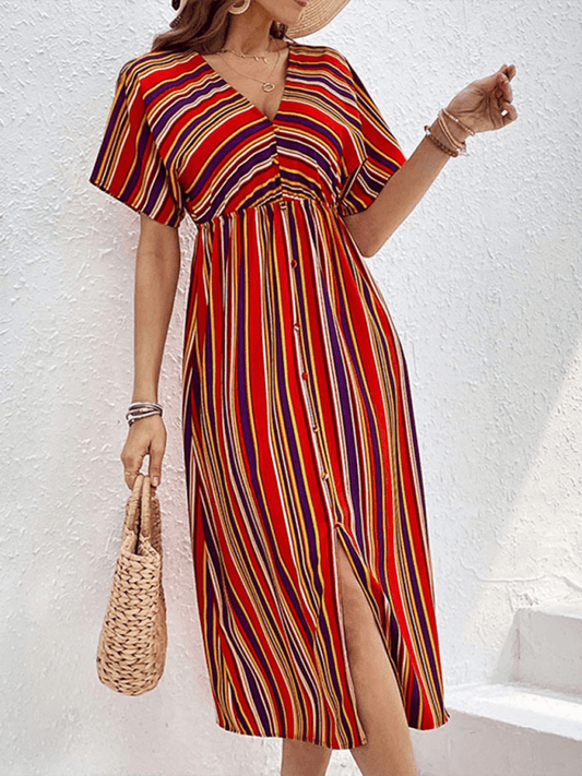 Women's Colorful Striped Casual V-Neck Dress - 808Lush