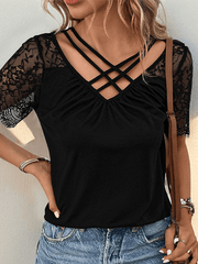 V-neck basic casual T-shirt lace stitching short-sleeved T-shirt top