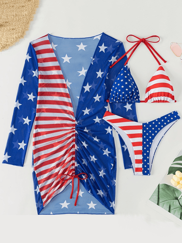 Swimsuit Independence Day Flag Yarn Three-piece Swim Set - 808Lush