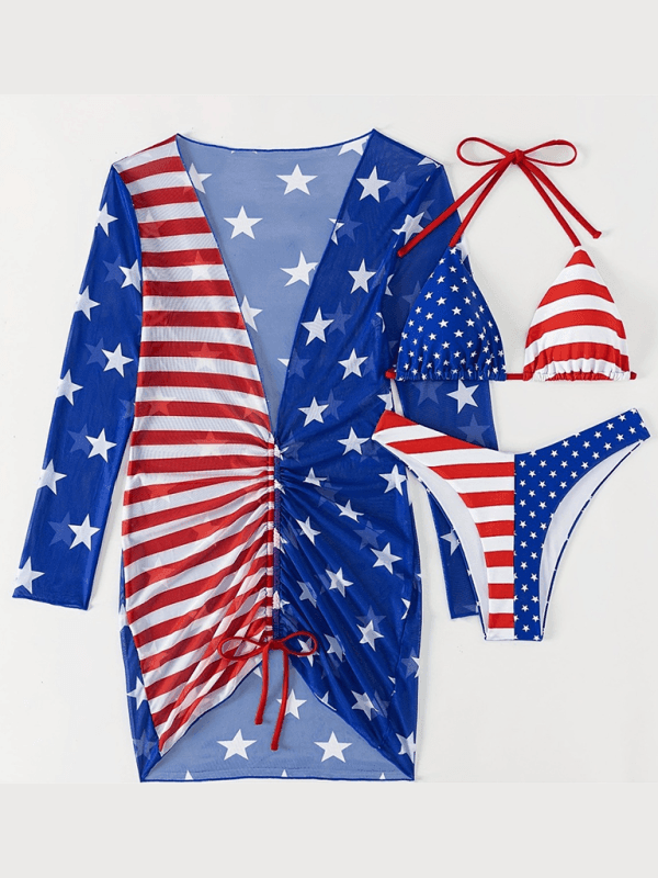 Swimsuit Independence Day Flag Yarn Three-piece Swim Set - 808Lush