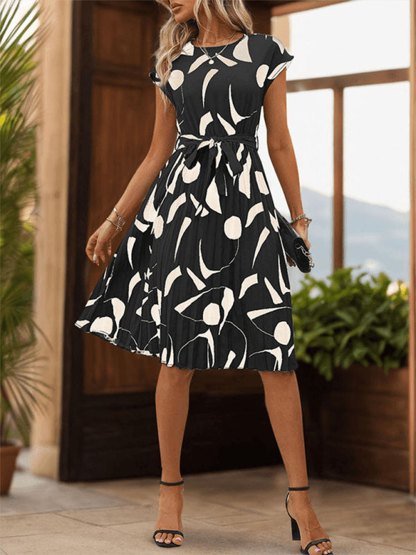 Ladies geometric pattern print pleated dress - 808Lush