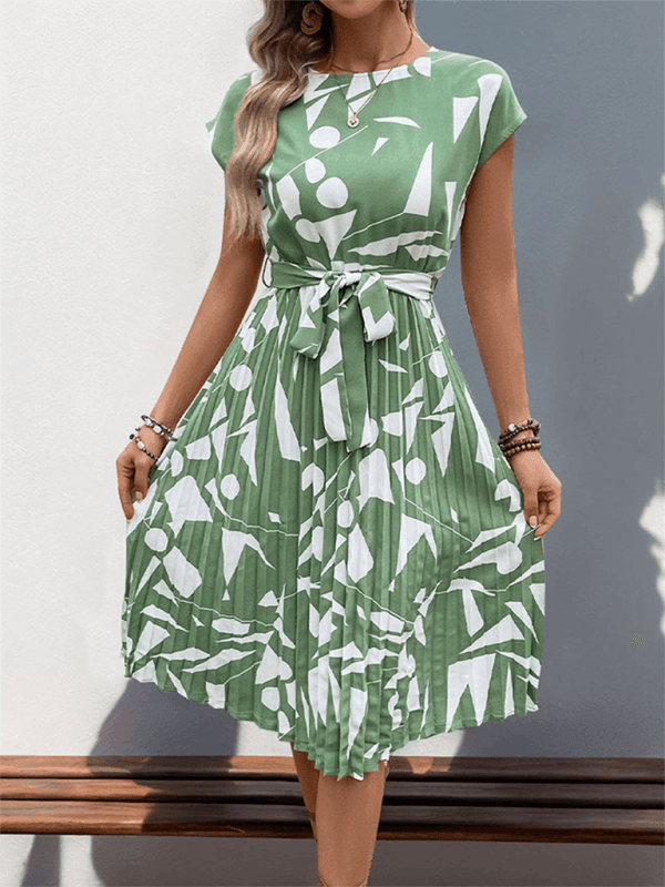 Ladies geometric pattern print pleated dress - 808Lush