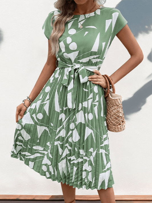 Ladies geometric pattern print pleated dress - 808Lush
