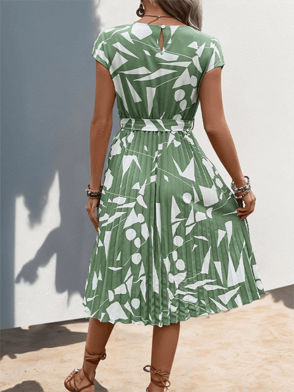 Ladies geometric pattern print pleated dress - 808Lush