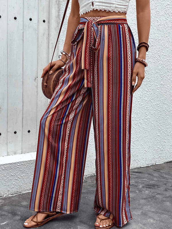 loose striped high waist elastic wide leg pants - 808Lush