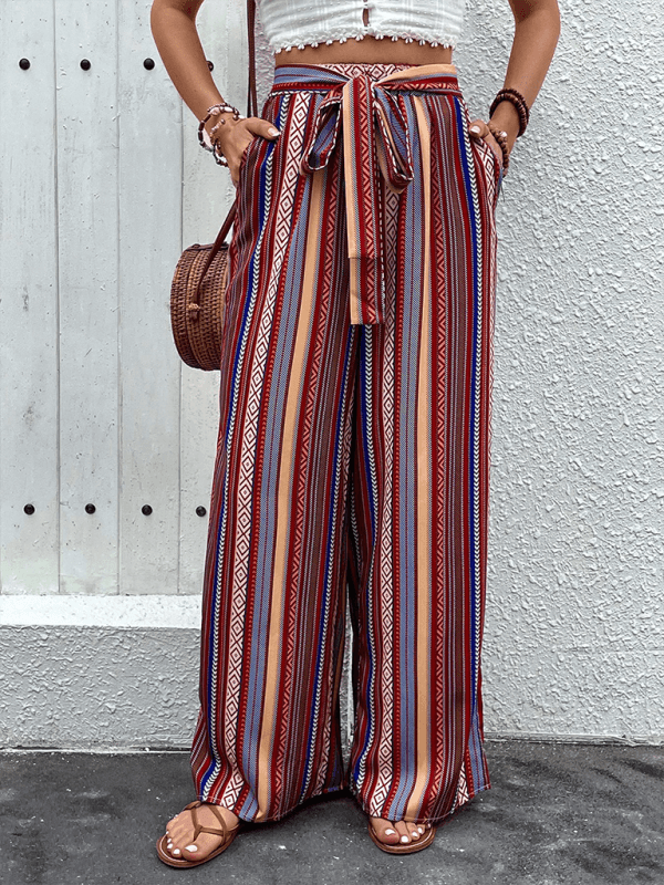 loose striped high waist elastic wide leg pants - 808Lush