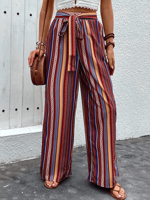 loose striped high waist elastic wide leg pants - 808Lush