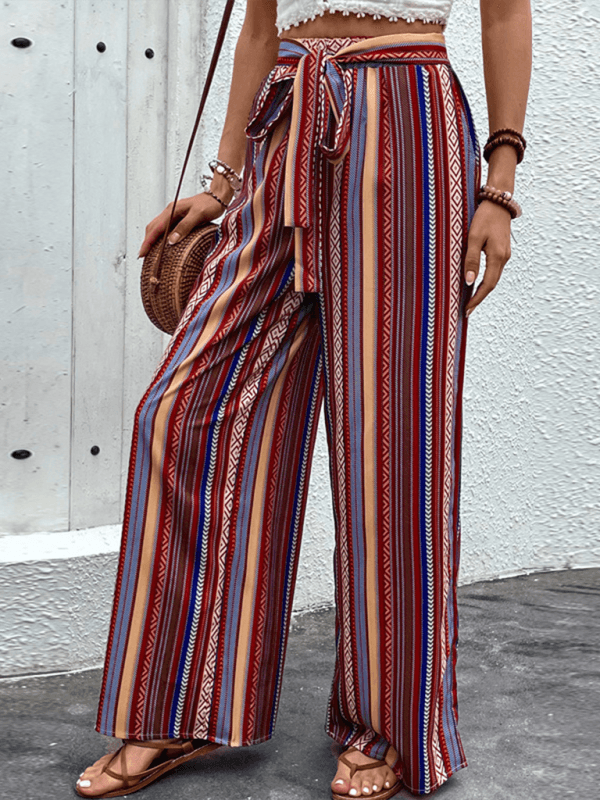 loose striped high waist elastic wide leg pants - 808Lush