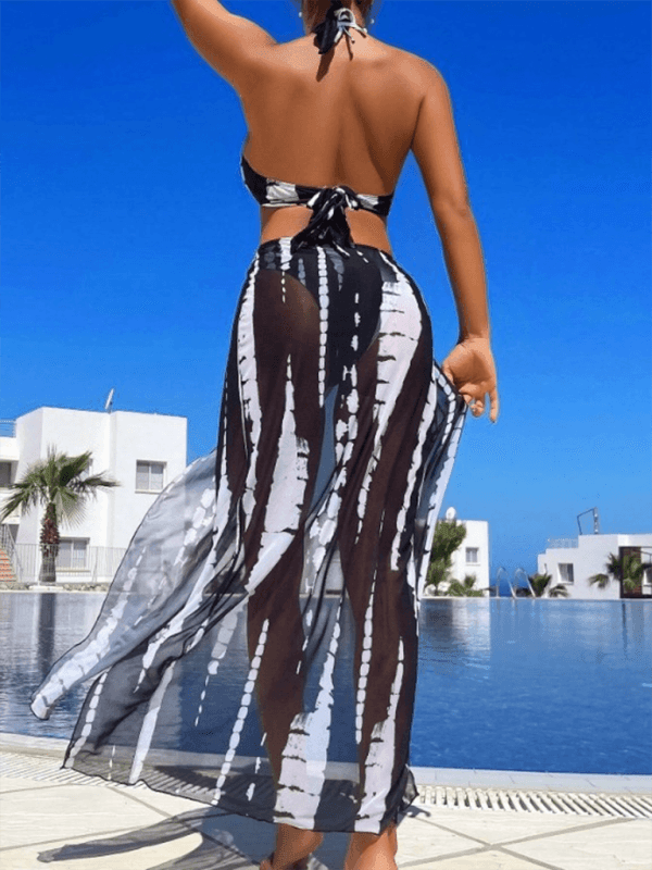 printed mesh backless bikini three piece swimsuit - 808Lush