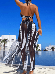 printed mesh backless bikini three piece swimsuit - 808Lush