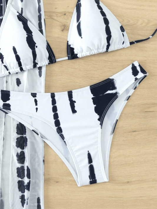 printed mesh backless bikini three piece swimsuit - 808Lush
