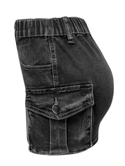 denim women's Shorts retro elastic tight workwear pocket hip - 808Lush