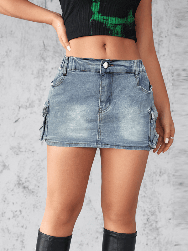 denim women's Shorts retro elastic tight workwear pocket hip - 808Lush