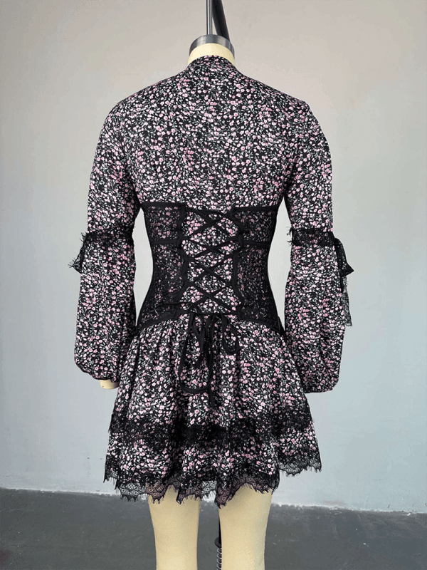 Sweet Fresh Print Waist Long Sleeve Short Lace Dress - 808Lush