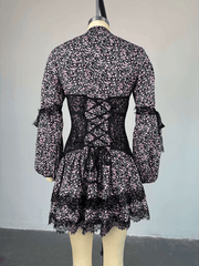 Sweet Fresh Print Waist Long Sleeve Short Lace Dress - 808Lush