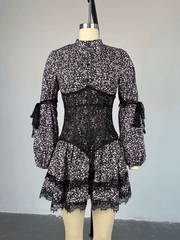 Sweet Fresh Print Waist Long Sleeve Short Lace Dress - 808Lush