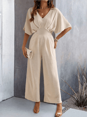 Women's short-sleeved solid color temperament casual wide-leg jumpsuit