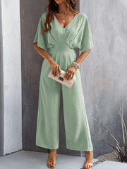 Women's short-sleeved solid color temperament casual wide-leg jumpsuit