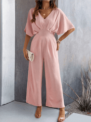 Women's short-sleeved solid color temperament casual wide-leg jumpsuit