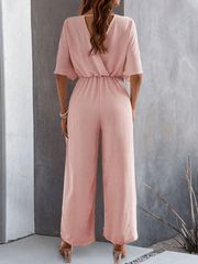 Women's short-sleeved solid color temperament casual wide-leg jumpsuit