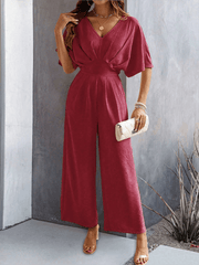 Women's short-sleeved solid color temperament casual wide-leg jumpsuit