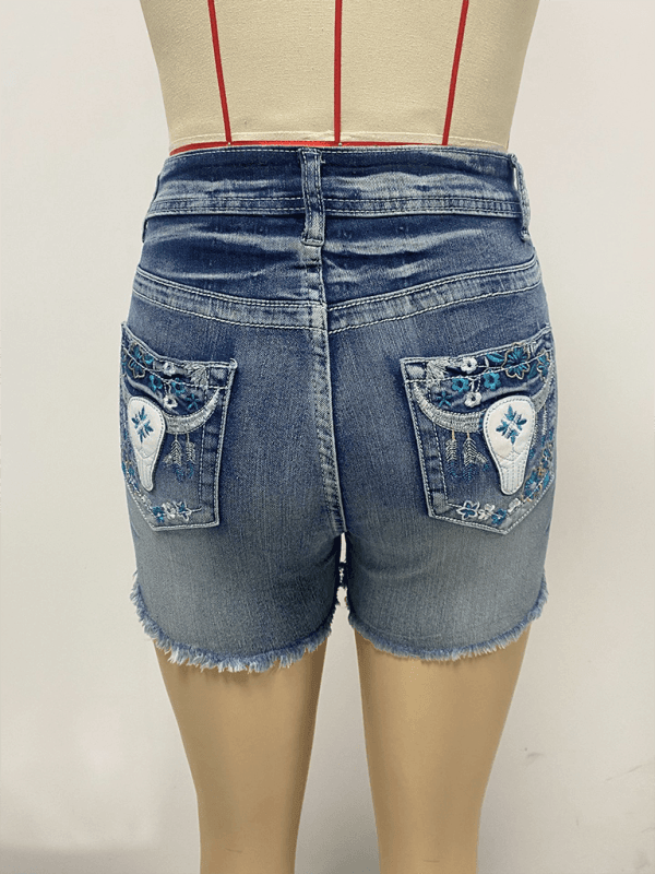 American retro embroidered slim fit raw edge denim shorts - 808Lush