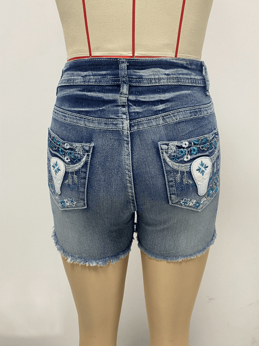 American retro embroidered slim fit raw edge denim shorts