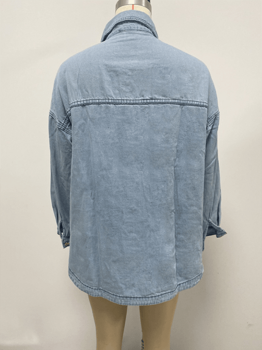 Women's long sleeve lapel casual shirt denim jacket
