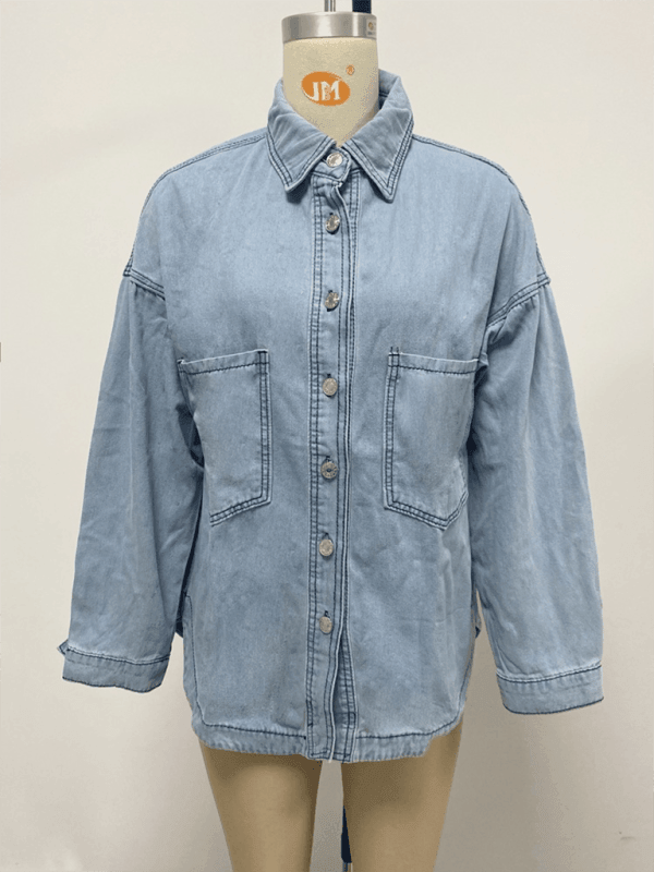 Women's long sleeve lapel casual shirt denim jacket - 808Lush