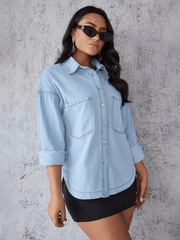 Women's long sleeve lapel casual shirt denim jacket - 808Lush